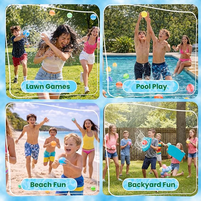 Self-Sealing Reusable Water Balloons for Kids – 24 Pack Soft Silicone Splash Balls, No Magnets, Quick-Fill Outdoor Water Battle Toys for Toddlers Boys Girls Ages 3+ (Reusable Water Balloons-24 Packs)