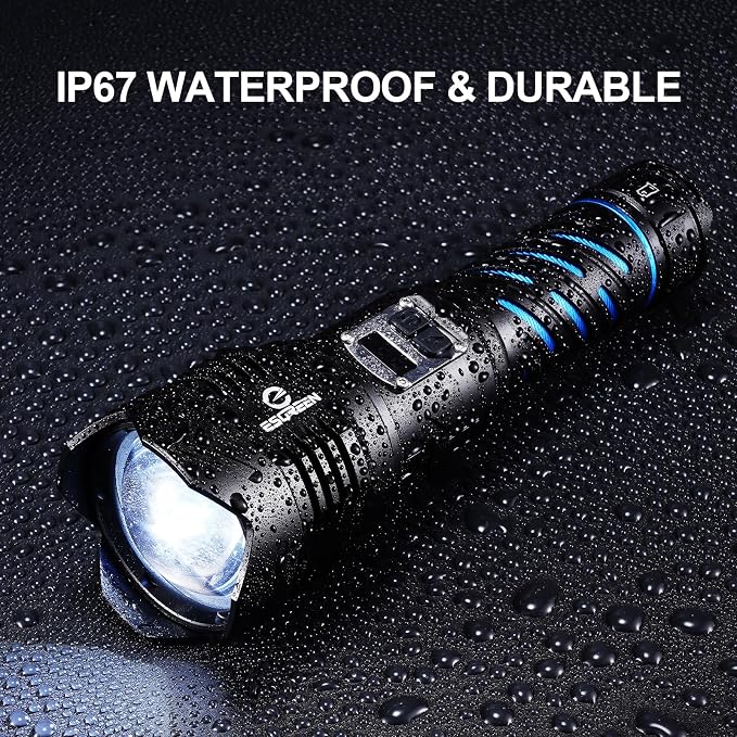 Super Bright Flashlight High Lumens 100000 Rechargeable, Strong 50W LED, Big 8.54” Length, Adjustable 5-Mode, Dual Buttons, Long Lasting 15H, Quick USB C Charge, LCD Display & Output, for Hiking Home