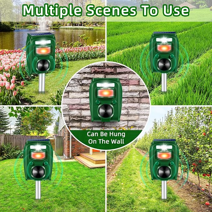 2026 Upgraded Ultrasonic Solar Animal Repellent Outdoor Cat Deterrent Deer Repellent Devices Squirrel Skunk Raccoon Rabbit Dog Deterrent with Motion Activated Strobe Light for Yard Garden Lawn,2 Pack