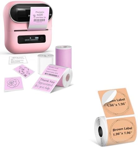 Phomemo M220 Label Maker & 1 Roll Brown Thermal Labels, 1.96" x 1.96"(50x50mm)