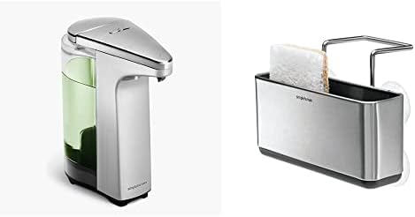simplehuman 8 oz. Touch-Free Sensor Liquid Soap Pump Dispenser with Soap Sample, Brushed Nickel and simplehuman Slim Sink Caddy Sponge Holder, Brushed Stainless Steel