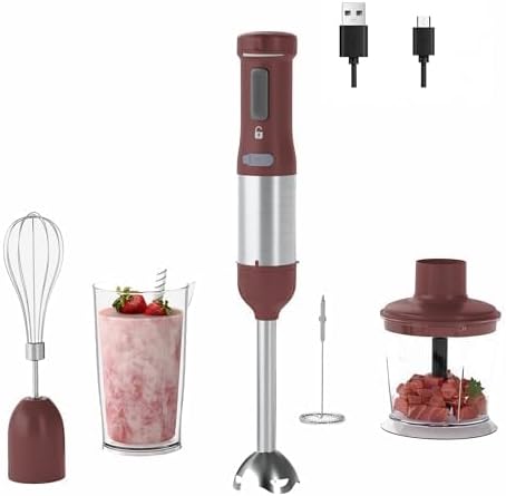 Cordless Immersion Hand Blender, 5-in-1 Variable Speed blender handheld,Rechargeable with 2000mAh Battery, BPA-Free & Dishwasher-Safe Accessories:700ml Beaker,Chopper,Whisk & Milk Frother,Red