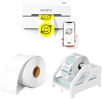 MUNBYN 130B Bluetooth Thermal Label Printer+2 Inch Circle Thermal Sticker Labels+White Label Holder