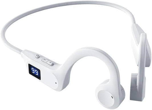 Bone Conduction Sports White Headphones, Bluetooth Wireless Open-Ear Headset with MP3 Mode, Memory Card Support, Digital Display, Over-Ear Design for Running & Workouts