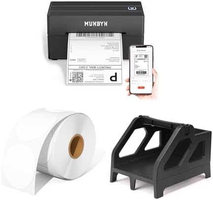 MUNBYN 130B Bluetooth Thermal Label Printer+2 Inch Circle Thermal Sticker Labels+Shipping Label Holder