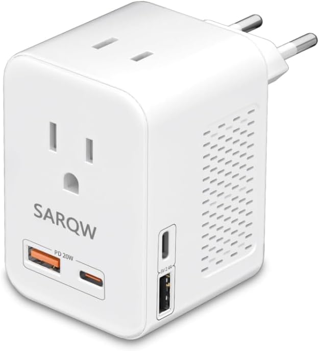 220V to 110V Voltage Conversion Plug Adapter for Traveling from USA to Europe with 2 USB and 2 USBC Ports PD 20 W, 2 AC Outlets International Power Adapter