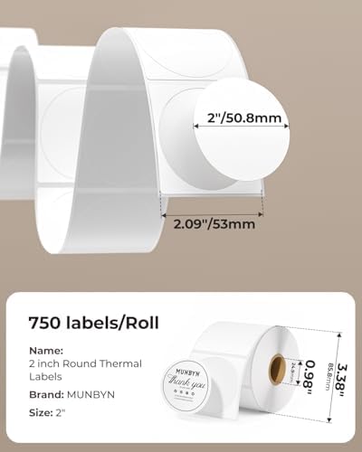 MUNBYN 130B Bluetooth Thermal Label Printer+2 Inch Circle Thermal Sticker Labels+White Label Holder