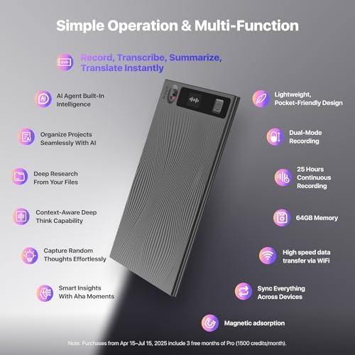 Mobvoi TicNote AI Voice Recorder & USB Charger, 64GB Memory Note Recorder w/Case App Control 120+ Languages Transcribe Summarize with AI Shadow Digital Audio Recorder