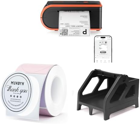 MUNBYN MC240 Bluetooth Thermal Label Printer+2 Inch Round Thermal Labels+Shipping Label Holder