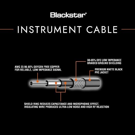Blackstar 6m (20ft) Instrument Cable Straight ¼” Jack to Angle ¼” Jack for Bass/Electric Guitar/Electro-Acoustic/Keyboard/Amp (BSCABLESTD20FTSA)