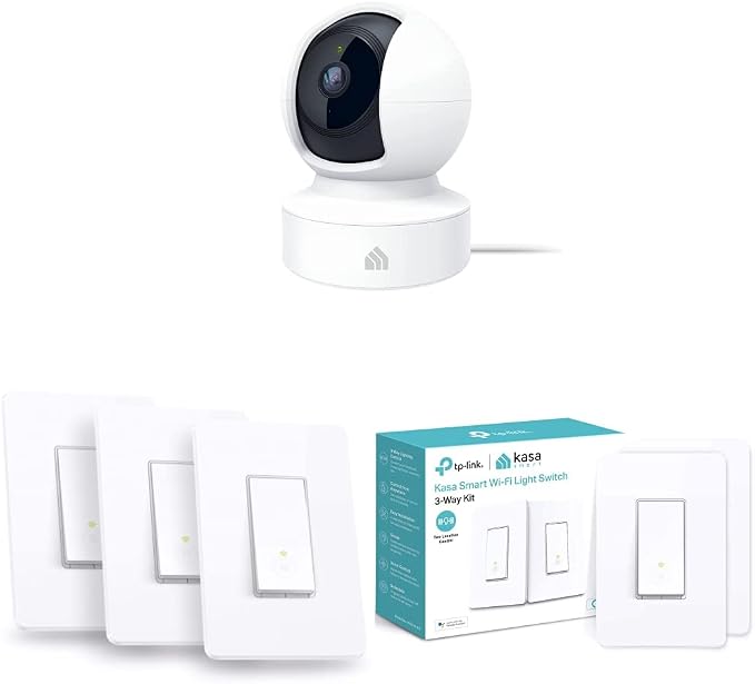 Kasa Smart 2K QHD Security Camera Pan/Tilt, Starlight Sensor & Light Switch HS200P3, Pack of 1, White & 3 Way Switch HS210 KIT, Needs Neutral Wire, 2.4GHz Wi-Fi Light Switch, 2 Count (Pack of 1)