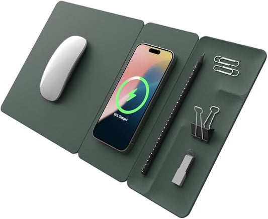 POUT H3 Split Max 3-in-1 Wireless Charging Mouse Pad – Fast Qi Charger, Mousepad Mat, and Magnetic Tray Organizer – Compatible with Smartphones and Earbuds (Deep Green)