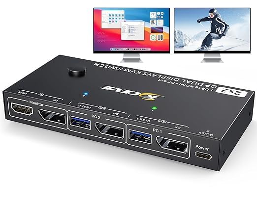Displayport KVM Switch 2 Monitors 2 Computers 4K@60Hz,Camgeet USB3.0 Dual Monitor KVM Switches Displayport with 4 USB 3.0 Port for USB Device,Wired Remote and 2 Cable Included