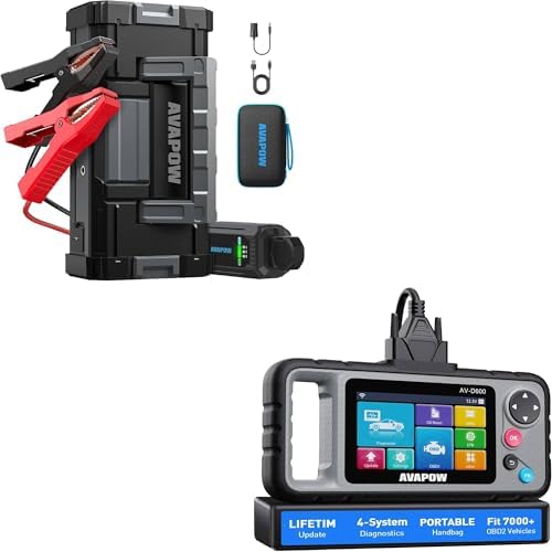 AVAPOW 6000A Car Battery Jump Starter Portable (12V DC Output for All Gas or up to 12L Diesel) & AV-D600 4 Systems OBD2 Scanner