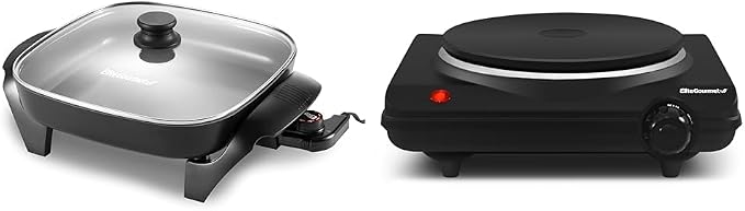 Elite Gourmet EG2212 12"x12"x2.15” Healthy Ceramic Coated Electric Skillet, Dishwasher Safe & ESB-301BF# Countertop Single Cast Iron Burner, 1000 Watts Electric Hot Plate