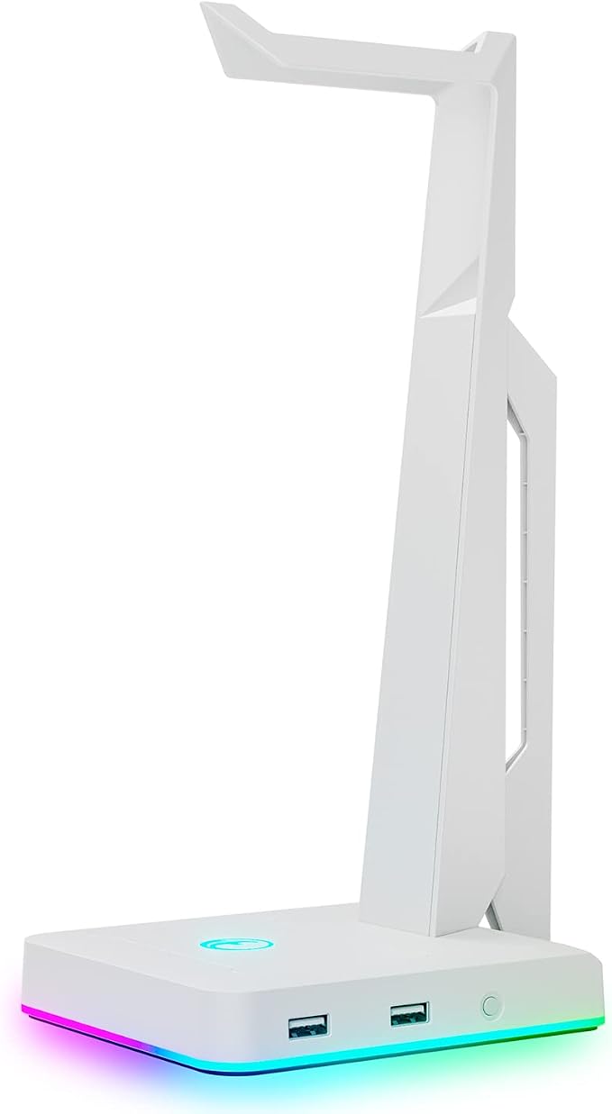 IFYOO RGB Gaming Headset Stand with 2 USB Ports, Game Headphone Mount for PC, Xbox One, PS4, Switch, Earphone Holder Hanger, Great for Gaming Stations, Fancy Desk Gamer Accessories, White