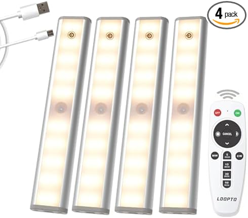 LDOPTO Under Cabinet Lighting, 4 Pack Rechargeable Motion Sensor Light Indoor, 10 Levels Dimmable Magnetic Closet Lights, Wireless Under Counter Lights 3 Colors for Kitchen, Stairs