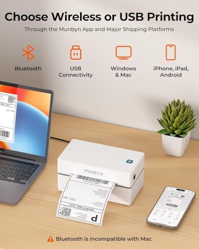 MUNBYN 130B Bluetooth Thermal Label Printer+4"x6" Direct Thermal Labels