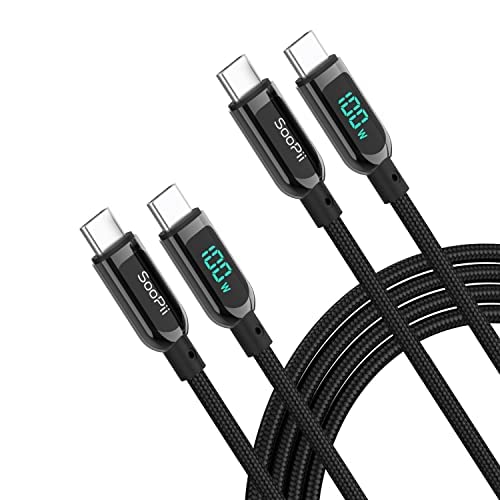 SOOPII 100W USB C to USB C Cable,[10ft,2-Pack],Nylon Braided Fast Charging Cable with LED Display for lPhone 15/15 Pro/15 Plus,lPad Air,MacBook Pro, Galaxy S24/S23(Black)