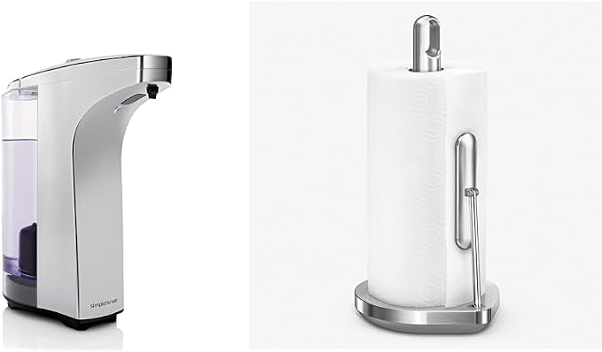 simplehuman 8 oz. Touch-Free Sensor Liquid Soap Pump Dispenser with Soap Sample, Brushed Nickel & Tension Arm Standing Paper Towel Holder, Brushed Stainless Steel