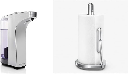 simplehuman 8 oz. Touch-Free Sensor Liquid Soap Pump Dispenser with Soap Sample, Brushed Nickel & Tension Arm Standing Paper Towel Holder, Brushed Stainless Steel