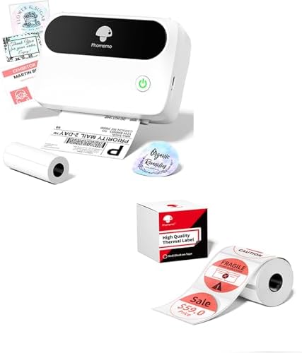 Phomemo M421 Label Maker, Label Printer for Warning Stickers Fragile Labels, with 1.96" x 1.96" (50x50mm) Red & Black Color Thermal Sticker Labels for Barcode, Address, Home, Business