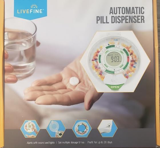 LiveFine WiFi Automatic Pill Dispenser and Remote Medication Monitoring System with Locking Key, 28-Day Medication Organizer Up To 9 Doses Per, Adjustable Light/Sound Alarms For Prescriptions & Vitami