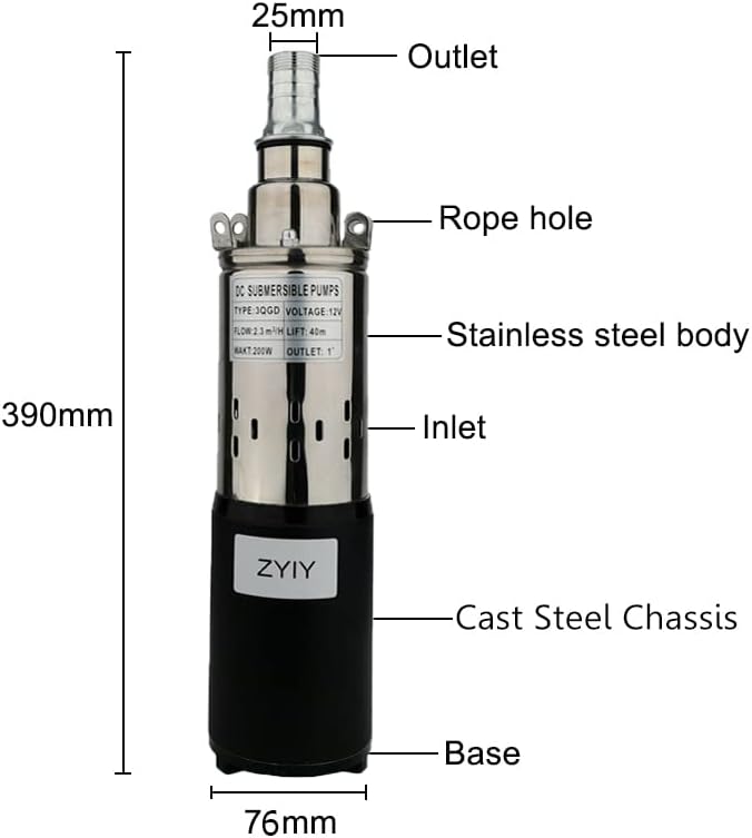 24V Stainless 3 Inch Bore 260W Solar DC Submersible Deep Well Pump Max.flow:2300L/h Max.H Lift 173.9ft Water Well Pump for Garden/Agricultural/Irrigation