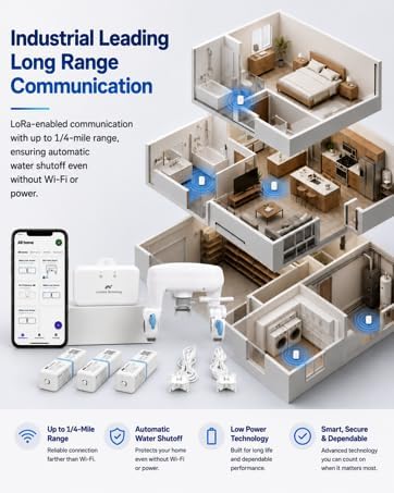 CUSTOS/Firebot DIY Automatic Water Shut Off Valve Control, LoRa Water Leak Detection Device Kit with 3 WiFi Water Leak Sensor, WiFi Water Shutoff Valve with Battery Backup