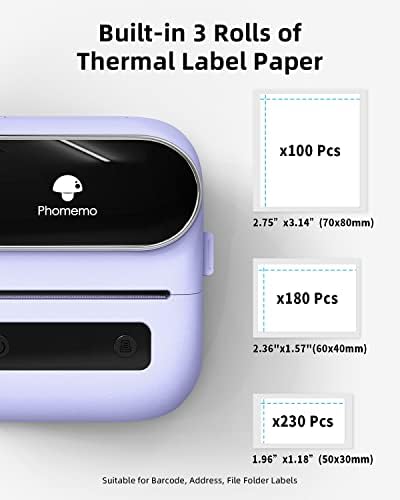 Phomemo M220 Label Maker Purple + with 4 Roll Label, 3.14 Inch Bluetooth Thermal Label Printer for Barcode, Address, Labeling, Mailing, File Folder Label, Easy to Use, Support Smartphone, Tablet&PC
