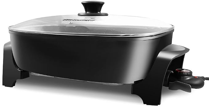 Elite Gourmet Extra Deep 16"x13" and 12"x12" Electric Skillets Bundle with Glass Lids, Adjustable Temp, Nonstick Coating