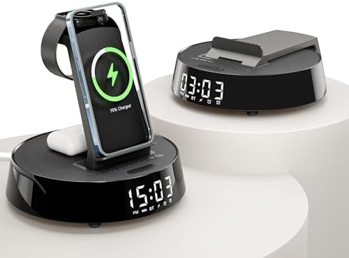 Alarm Clock with Wireless Charging Station, Clock for Bedroom with Night Light Bluetooth Speaker, Wireless Charger Dock Station for iPhone 17 16 15 14 13 12 Pro Max, Apple Watch 11, AirPods 3 (Black)