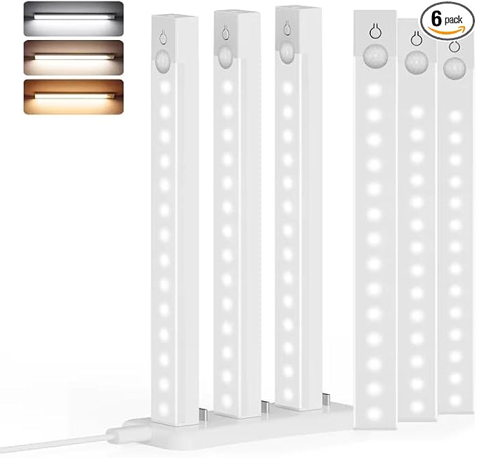 6-Pack 8-Inch Under Cabinet Lighting with Charging Station Rechargeable Motion Sensor Light Indoor 3 Color Dimmable Closet Light USB LED Magnetic Wireless Under Counter Lights for Kitchen Stair