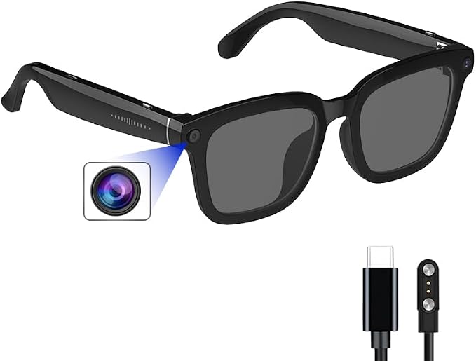 AI smart Camera Glasses: HD 1080P Video Recording and Photo Taking, Translation, Assistant Conversation, Suitable for Outdoor and Indoor, Cycling, Hiking Travel (Black Sunglasses)