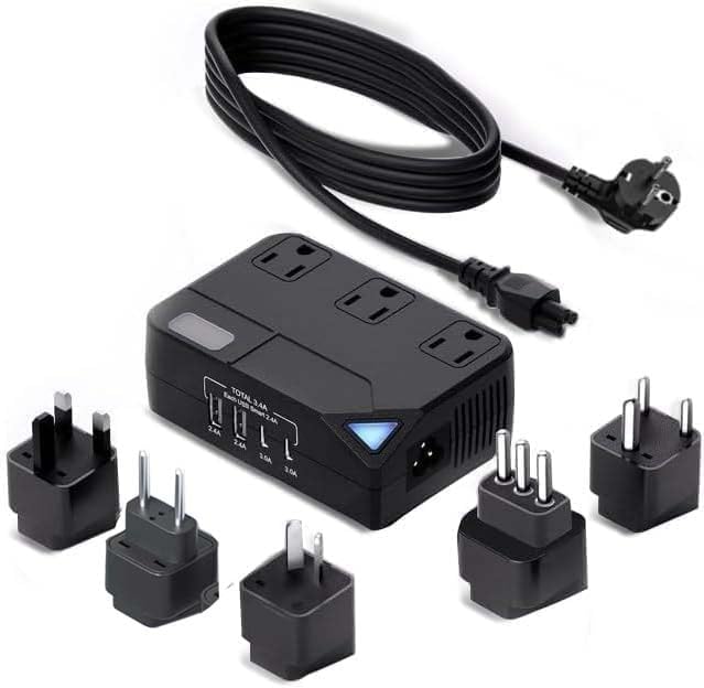 100V–220V Travel Converter, 2000W Voltage Converter with 2 USB and 2 USB-C Charging Ports and 3 AC Plugs for Curling Irons and Hair straighteners; Included Plugs are Types A, C, D, G, I, and L