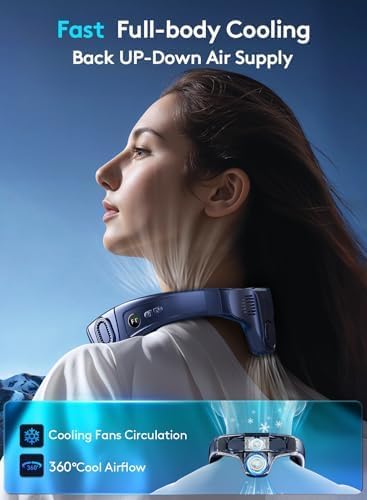 Portable Neck Air Conditioner, Upward & Downward Back Airflow Wearable Fan, Large Cooling Plate, 6000mAh Battery, Lightweight Bladeless Neck Fan for Golf, Travel, Outdoor Work (Blue)