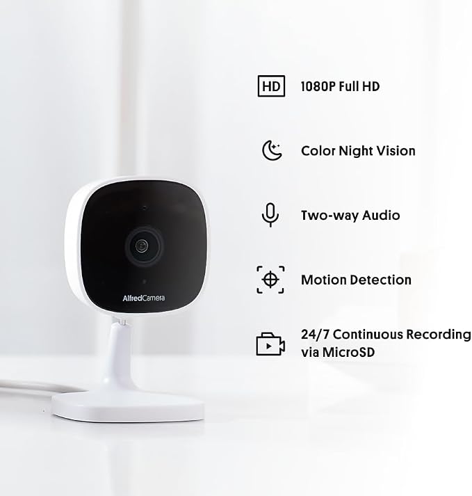 AlfredCam Indoor WiFi Security Camera, FullHD 1080P, 2.4G/WiFi, Continuous Recording, Motion Detection, Night Vision, Baby Monitor/Pet/Nanny Cam, App Powered (100M+ downloads)
