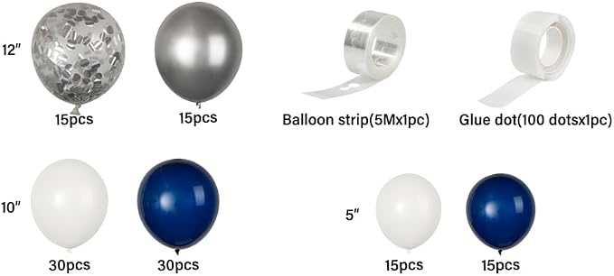 Restaurantware-Balloonify Balloon Garland Set, 1 Party Decoration Kit - 120 Balloons, With Chain, Navy, White, & Silver Latex Balloon Arch Kit, Includes Glue Dots