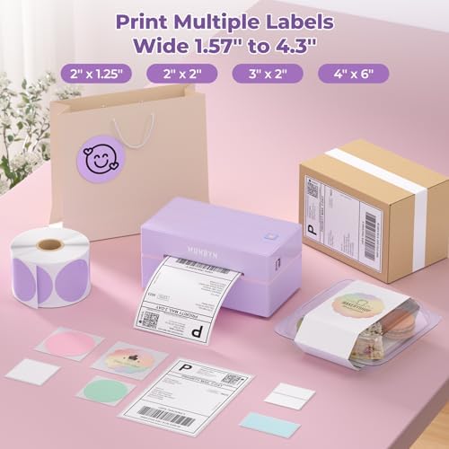 MUNBYN 130B Bluetooth Thermal Label Printer+2 Inch Lavender Purple Circle Thermal Sticker Labels+Purple Label Holder