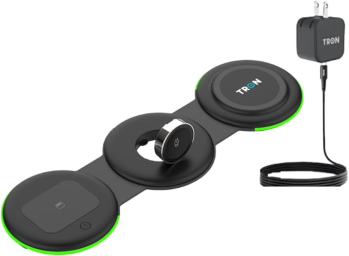 Tron 3 in 1 Foldable Magnetic Wireless Charger - Travel Charging Pad Dock for IWatch iPhone 16 15 14 13 12 Pro Max Plus & Earbuds
