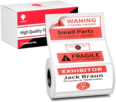 Phomemo M421 Label Maker, Label Printer for Warning Stickers Fragile Labels, with 1.57"x1.18"(100x50mm) Red & Black Color Thermal Sticker Labels for Barcode, Address, Home, Business