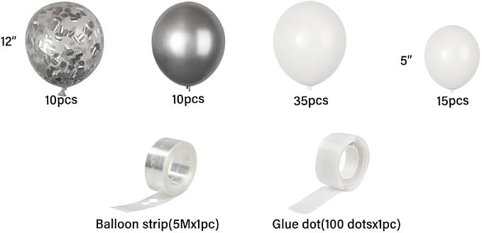 Restaurantware-Balloonify Balloon Garland Set, 1 Party Decoration Kit - 70 Balloons, With Chain, White & Silver Latex Balloon Arch Kit, Includes Glue Dots