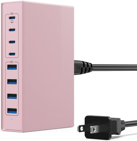 200W USB C Charger Block, 8-in-1 GaN III USB C Fast Charging Station Hub, PD 65W Laptop Adapter Travel Charging for MacBook Pro/Air/Dell XPS/iPhone 16/15/14/iPad/Galaxy S24 (Pink)