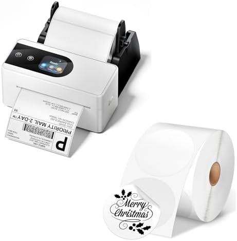 Phomemo 4x6 Shipping Label Printer with Touch Screen, Wireless Bluetooth Thermal Printer for Small Business & Packages, Compatible with Amazon Shopify UPS USPS, 2” White Circle Label, 750 Labels