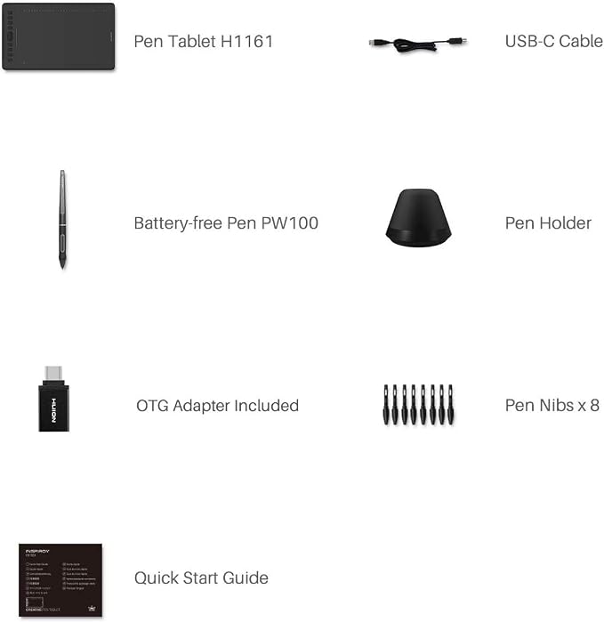 HUION Inspiroy H1161 Graphics Drawing Tablets, Touch Strip and 8192 Pen Pressure Sketch Tablet with Battery-Free Stylus,10 Shortcut Keys, Compatible with Android, Windows, and Mac Black