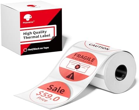 Phomemo M421 Label Maker, Label Printer for Warning Stickers Fragile Labels, with 1.96" x 1.96" (50x50mm) Red & Black Color Thermal Sticker Labels for Barcode, Address, Home, Business