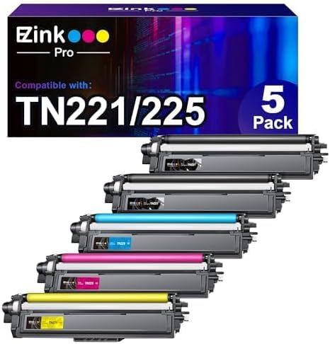 TN221 TN225 Toner Cartridges for Brother TN221 TN225 to Use with HL-3170CDW MFC-9130CW MFC-9330CDW HL-3180CDW HL-3140CW Printer (2 Black, 1 Cyan, 1 Magenta, 1 Yellow, 5 Pack)