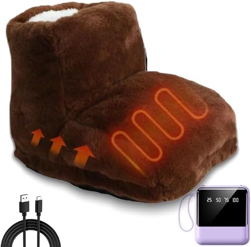 USB Powered Electric Foot Warmer, Heated Slippers, Heated Electric Foot Massager Washable Heat Settings Warmer Cushion (Brown,with Portable Power)