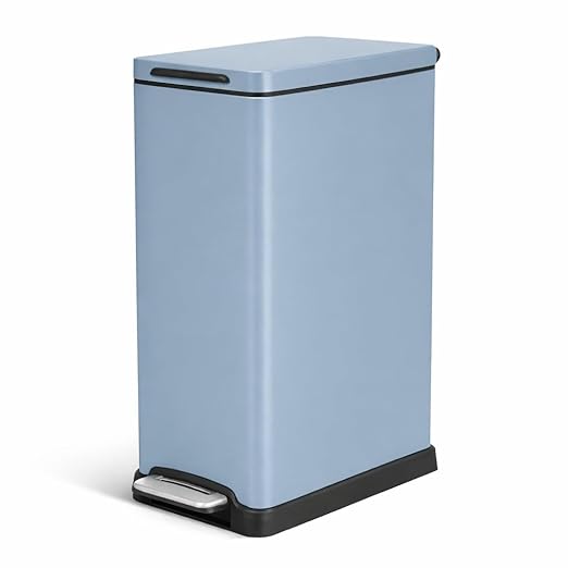 Home Zone Living 12 Gallon Slim Kitchen Trash Can with Soft Close Lid, Step Pedal, Bag Tuck Band, and Removable Liner, Stainless Steel, Steel Blue