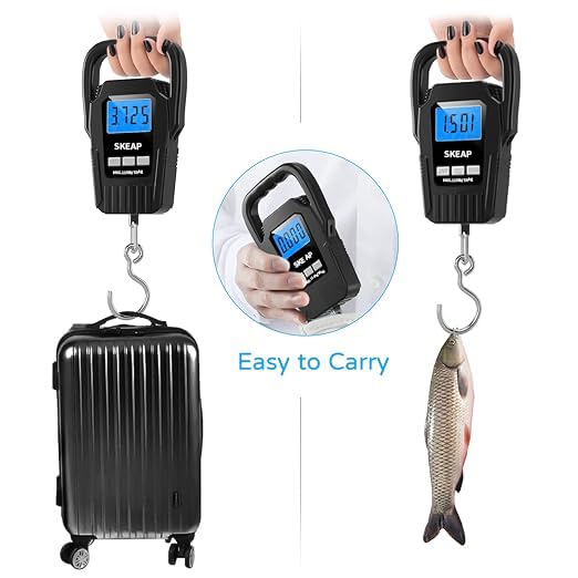 SKEAP Digital Fish Scale - 110lb/50kg Backlit LCD Fishing Gear with Portable Handle, Includes 2 AAA Batteries & Stainless Steel Hook, with USB Charging- Fishing Gifts for Men
